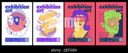 Poster di mostre d'arte con design psichedelico alla moda con scultura greca a mezzitoni. Volantini vettoriali di invito alla galleria d'arte contemporanea con collage creativi Illustrazione Vettoriale