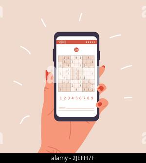 Sudoku gioco. Donna che tiene smartphone con cruciverba puzzle. Concetto di apprendimento e tempo libero. Compito per lo sviluppo del pensiero logico e la formazione del cervello Illustrazione Vettoriale