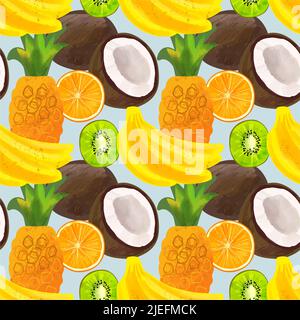 Modello senza giunture con frutta tropicale con banana, ananas, kiwi, cocco, arancio su sfondo blu Illustrazione Vettoriale