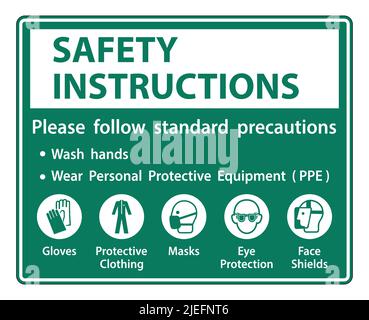 Istruzioni di sicurezza attenersi alle precauzioni standard, lavarsi le mani, indossare dispositivi di protezione individuale DPI, guanti indumenti protettivi mascherine protezione occhi Illustrazione Vettoriale