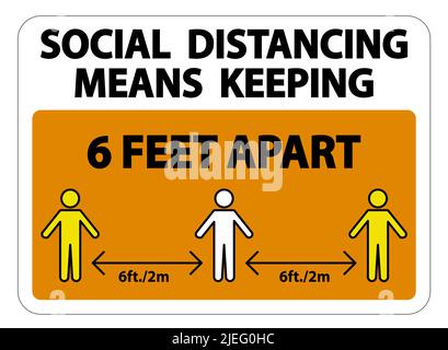 Social Distancing significa mantenere 6 piedi di distanza segno isolato su sfondo bianco, illustrazione vettoriale EPS.10 Illustrazione Vettoriale