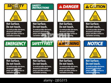Superficie calda, non toccare, per evitare possibili ustioni cutanee, scollegare e bloccare l'alimentazione e lasciare raffreddare la superficie prima di eseguire la manutenzione Illustrazione Vettoriale