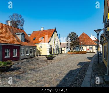Tipiche case danesi nel centro storico di Odense. Odense, Danimarca, Europa Foto Stock