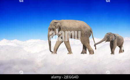 Banner orizzontale con famiglia di elefanti - mamma e bambino sopra le nuvole su sfondo cielo blu. Elefanti carini nel cielo. Scena fantastica con un elefano Foto Stock