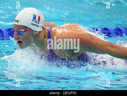 Marie Wattel di Francia, finale 4X100 Medley Donne durante i campionati mondiali FINA 19th Budapest 2022, Nuoto evento il 25 2022 giugno a Budapest, Ungheria - Foto Laurent Lairys / DPPI Foto Stock