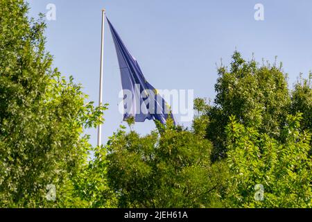 Bandiera dell'Unione europea che sventola su un flagpolo in un parco nella città di Madrid, in Spagna. Europa. Fotografia orizzontale. Foto Stock