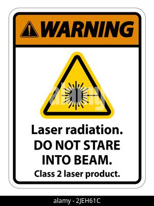 Avvertenza radiazione laser,non fissare il raggio,prodotto laser classe 2 Sign on white background Illustrazione Vettoriale