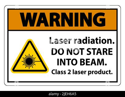 Avvertenza radiazione laser,non fissare il raggio,prodotto laser classe 2 Sign on white background Illustrazione Vettoriale