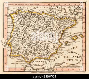 Hispania vetus. Spagna antica. 1798 carta del cartografo William Faden, incisa a piedi. Faden era il geografo reale di re Giorgio III Questa mappa proviene dal suo Atlas minimus universalis che è stato progettato principalmente per l'uso nelle scuole. Foto Stock