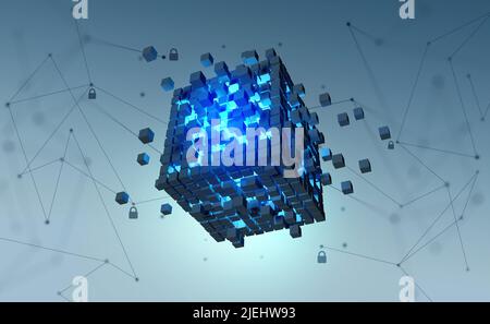 Tecnologia Blockchain. I blocchi di informazioni formano una struttura di database globale decentralizzata. 3D illustrazione di cubi nanotech nel ciberspazio Foto Stock