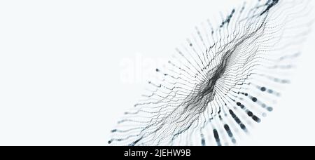 Imbuto dei big data. Onde di informazione, dati analitici, campo di punti successivi, flusso di dati, luce al neon, struttura informatica dei sistemi informatici Foto Stock