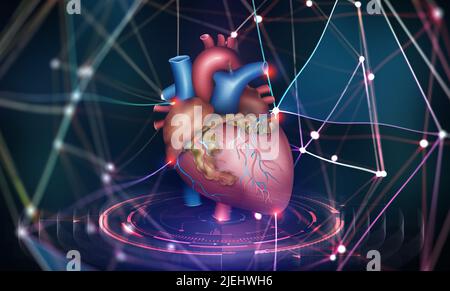 Cuore umano. Tecnologia del futuro in medicina. Transportologia e intelligenza artificiale. 3D illustrazione di un ologramma di cuore nello spazio virtuale Foto Stock