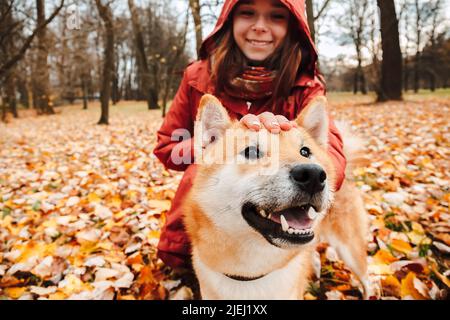 Bella donna sorridente con il suo cane Akita Inu razza mentre a piedi nel parco autunno. Felicità e divertimento con l'amicizia del cane. Foto Stock