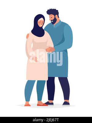 Uomo arabo che abbraccia una donna incinta in hijab, gravidanza in una coppia musulmana. Icona di maternità e genitorialità, cartoon piano vettore illustrazione isolato Illustrazione Vettoriale