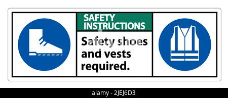 Istruzioni di sicurezza è necessario firmare scarpe di sicurezza e giubbino con simboli PPE su sfondo bianco, illustrazione vettoriale Illustrazione Vettoriale