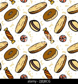 Un modello senza giunture di dolci, doodles disegnati a mano in stile cartone animato. Dolci fatti di ciambelle, caramelle, eclairs e leclipops. Dessert. Dolci Illustrazione Vettoriale