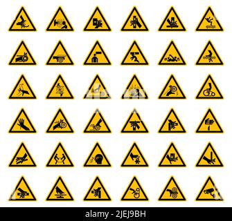 Etichette con simboli di pericolo triangolari su sfondo bianco Illustrazione Vettoriale