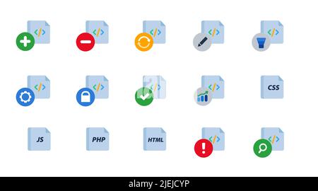 Gruppo di icone del file script del codice del linguaggio di programmazione per la gestione dei file di codifica Illustrazione Vettoriale