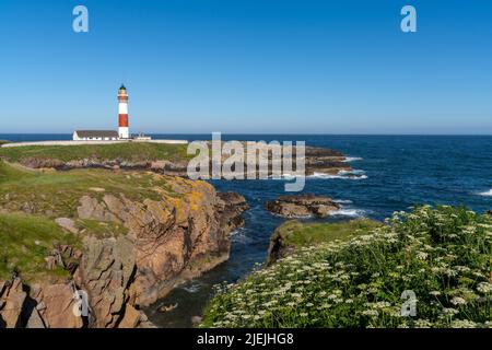 Boddam, Regno Unito - 23 giugno 2022: Vista dello storico faro di Buchan Ness nella Scozia settentrionale Foto Stock