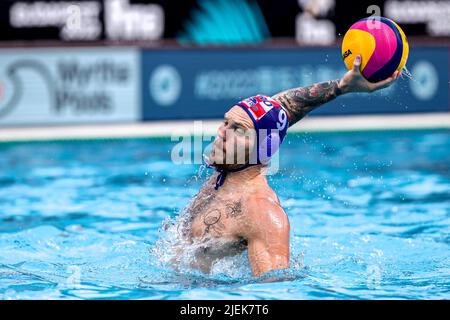 BUDAPEST, UNGHERIA - GIUGNO 27: Jerko Marinic Kragic di Croazia durante i campionati mondiali FINA Budapest 2022 1/8 Finals match tra Georgia e Croazia il 27 Giugno 2022 a Budapest, Ungheria (Foto di Albert ten Hove/Orange Pictures) Foto Stock