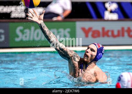 BUDAPEST, UNGHERIA - GIUGNO 27: Jerko Marinic Kragic di Croazia durante i campionati mondiali FINA Budapest 2022 1/8 Finals match tra Georgia e Croazia il 27 Giugno 2022 a Budapest, Ungheria (Foto di Albert ten Hove/Orange Pictures) Foto Stock