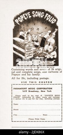 Un annuncio da una rivista musicale del 1938 per un Popeye Song Folio. Il costo era di 25 centesimi, spese postali incluse. Foto Stock