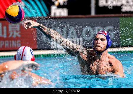 BUDAPEST, UNGHERIA - GIUGNO 27: Jerko Marinic Kragic di Croazia durante i campionati mondiali FINA Budapest 2022 1/8 Finals match tra Georgia e Croazia il 27 Giugno 2022 a Budapest, Ungheria (Foto di Albert ten Hove/Orange Pictures) Foto Stock