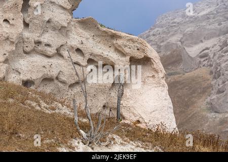 Santorini: Paesaggio lunare formato da scogliere erose di pomice sulla Moon Beach vicino a Vlychada Foto Stock