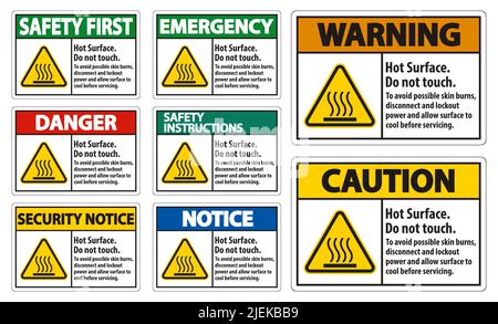 Superficie calda, non toccare, per evitare possibili ustioni cutanee, scollegare e bloccare l'alimentazione e lasciare raffreddare la superficie prima di eseguire la manutenzione Illustrazione Vettoriale