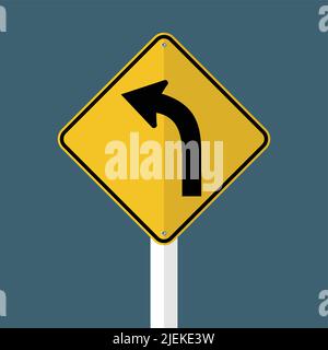 Curva strada di sinistra segnaletica isolato su sfondo grigio cielo, illustrazione vettoriale Illustrazione Vettoriale