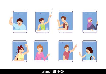 Il gruppo di persone ha una videochiamata in conferenza, una riunione virtuale con colleghi, parenti o amici e un lavoro o un apprendimento tramite smartphone. Flat Art Vect Illustrazione Vettoriale