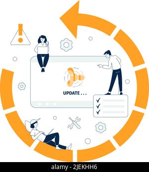 Aggiornamento del sistema. Servizio di manutenzione software, aggiornamento di applicazioni o sviluppo online. Sviluppatori Web, rilascio progetto concetto vettoriale recente Illustrazione Vettoriale