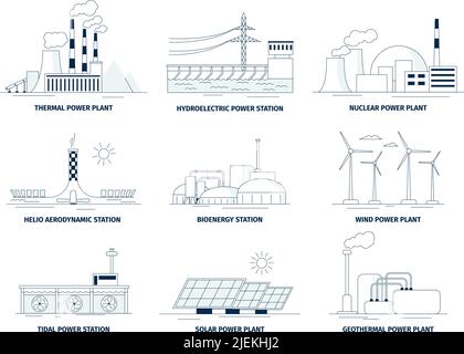 Elementi di energia. Batteria ecologica, pannelli solari ed energia alternativa. Stazione piatta, fonte di energia rinnovabile e verde, eco recentissimo set vettoriale Illustrazione Vettoriale