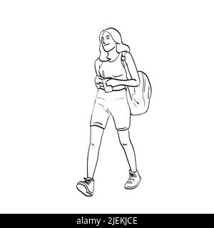 line art full length donna sorridente che cammina con caffè ghiacciato da asporto in illustrazione a mano vettore disegnato a mano isolato su sfondo bianco Illustrazione Vettoriale