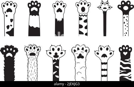 Zampe di gatto nere. Cartoon carino zampa per animali domestici, kitten gambe decorativo stampa per muro o stencil adesivi. Arredamento degli interni con animali, design elegante con un'impronta noodle kitty Illustrazione Vettoriale