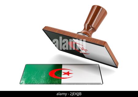 Stamper in legno, sigillo con bandiera algerina, 3D rendering isolato su sfondo bianco Foto Stock