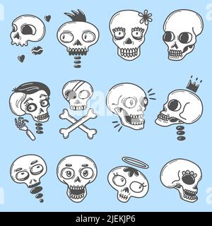 Set cranio cartoon. Doodle teschi adesivi, felice crossbones morto pirata simbolo. Tombe divertenti, teste a scheletro dolce e vettore neoterico del giorno della morte Illustrazione Vettoriale