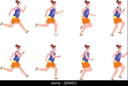 Sequenza donna in esecuzione. Sprite animation run women forward, cycle runner pone jogging movimento gamba 2D profilo atleta fitness animato in sneakers sport illustrazione vettoriale. Animazione sportiva di carattere Illustrazione Vettoriale