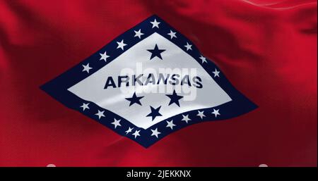 Primo piano della bandiera di stato dell'Arkansas che sventola nel vento in una giornata limpida. Democrazia e indipendenza. Stato americano. Foto Stock