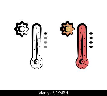 Illustrazione vettoriale di un termometro con il simbolo del sole disegnato a mano su sfondo bianco Illustrazione Vettoriale