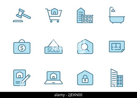 icone vettoriali lineari immobiliari in due colori isolate su sfondo bianco. Illustrazione Vettoriale