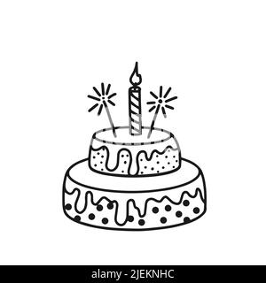 Contorno di una torta con una candela su sfondo bianco. Doodle. Clip art Illustrazione Vettoriale