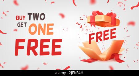 Premio gratuito 3D. Regali omaggio shopping offerta banner trendy, acquista 1 Ottieni 2 bonus box promo annunci volantino vendita poster vincendo ricompensa giftbox confetti esplosione vettore illustrazione di regalo gratis Illustrazione Vettoriale