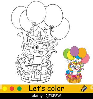 Fumetto simpatico personaggio unicorno divertente su palloncini d'aria. Colorare la pagina del libro con il modello colorato per i bambini. Illustrazione isolata dal vettore. Per la colorazione b Illustrazione Vettoriale