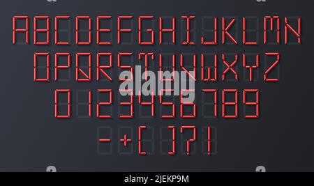 Font del display digitale 3D. Orologio o sveglia, lettere e numeri del timer. Tabellone informazioni elementi tipografici, alfabeto per elettronica, vettore esatto Illustrazione Vettoriale