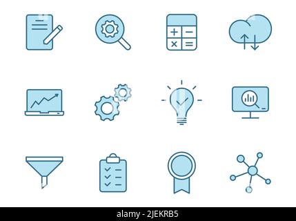 icone vettoriali lineari per l'analisi dei dati in due colori isolate su sfondo bianco. Illustrazione Vettoriale