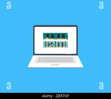 Installazione del modulo di memoria a DDR4 RAM con logo per laptop. Mockup di controllo per laptop, RAM nello slot di memoria su un computer portatile design vettoriale. Illustrazione Vettoriale