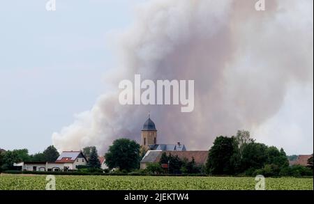 27 giugno 2022, Sassonia, Wülknitz: Fumo da un incendio boschivo sorge sopra il villaggio di Lichtensee (contea di Meißen). Dal Domnerstag (23.06.2022) brucia nel Gohrischheide. Foto: Sebastian Willnow/dpa Foto Stock