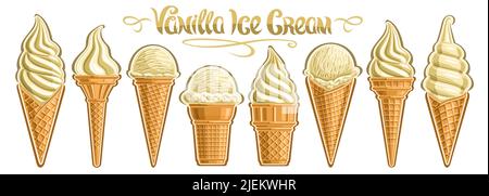 Set Vector Vanilla Ice Cream, banner con raccolta di illustrazioni diverse ritagliate di gruppo rinfrescante scoop palla gelato creme in coni waffle e. Illustrazione Vettoriale