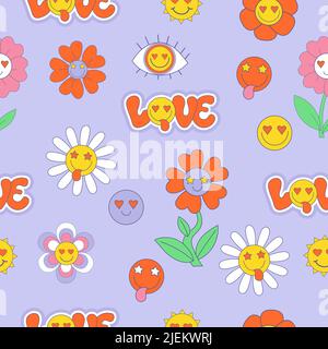 Motivo vettoriale retro seamless con elementi grovy a 70s, 80s, 90s vibes. Adesivi lettere Amore, cartone animato funky fiore potere, margherita fiori, smiley fac Illustrazione Vettoriale